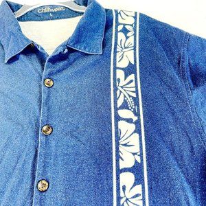CHILIWEAR Mens L Blue Hawaiian Wood Button Up Short Sleeve Tropical Shirt